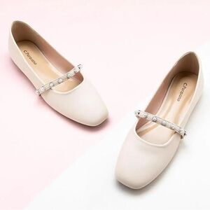 C.Paravano Mary Jane Flats  - Square Toe Ballet Flats with Pearl Strap 10.5 (41)